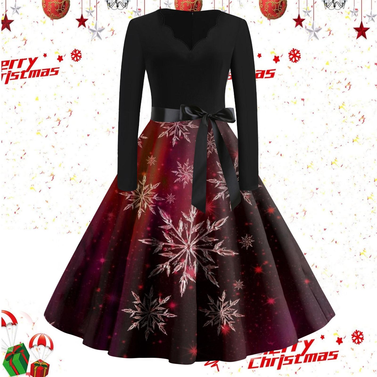 

Женские повседневные модные винтажные длинные платья с длинным рукавом с рождественским принтом XL винный