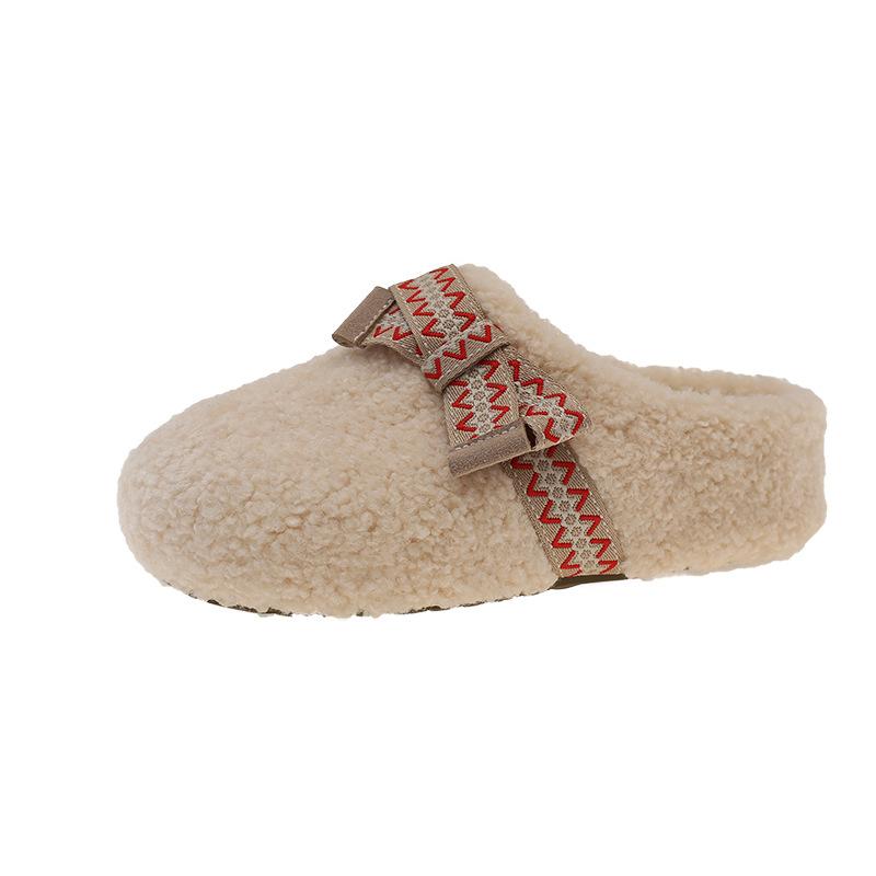 Schleife Lammwollpantoffeln Damen tragen Herbst und Winter Mode ein Pedal Samt warm Taschenkopf halbschlepp flacher Boden