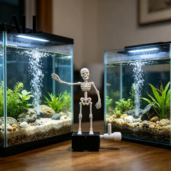 Freshwater Aquarium Landscaping Halloween Dancing Skeleton, Bubble Driven Moving Joints Skeleton Decorations Ornament, Realistic Swing Skull