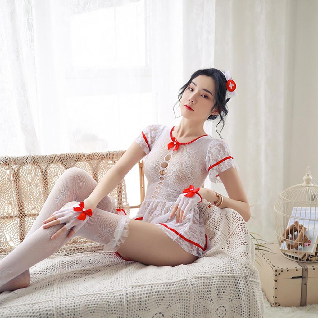 Fun Lingerie, Sexy And Sweet Uniform , Sexy Mesh Dress And Stockings Set