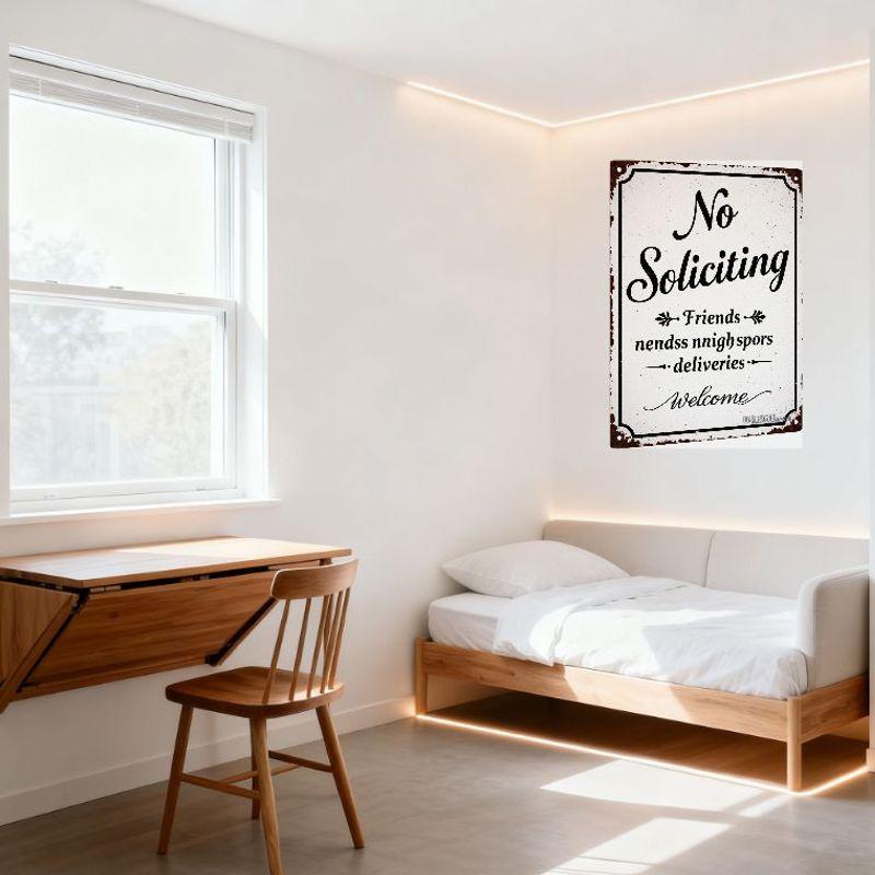 Vintage Rustic Metal Tin Sign 'No Soliciting Friends nendss nnighspors deliveries Welcome' Decorative Plaque for Home Cafe Man C
