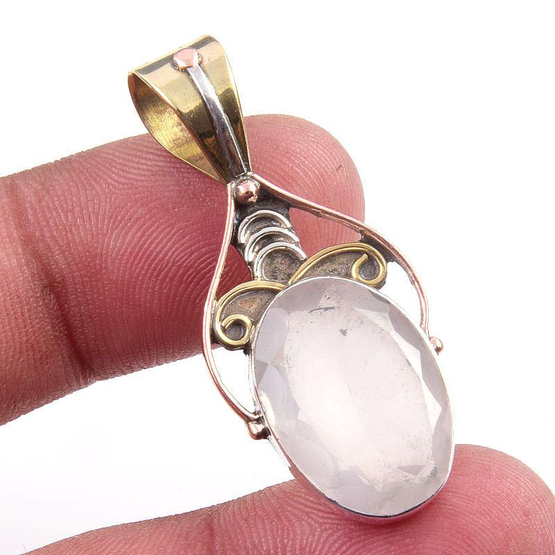 

Natural Rose Quartz 925 Solid Sterling Silver Jewelry TwoTone Pendant 1.50 y8R69