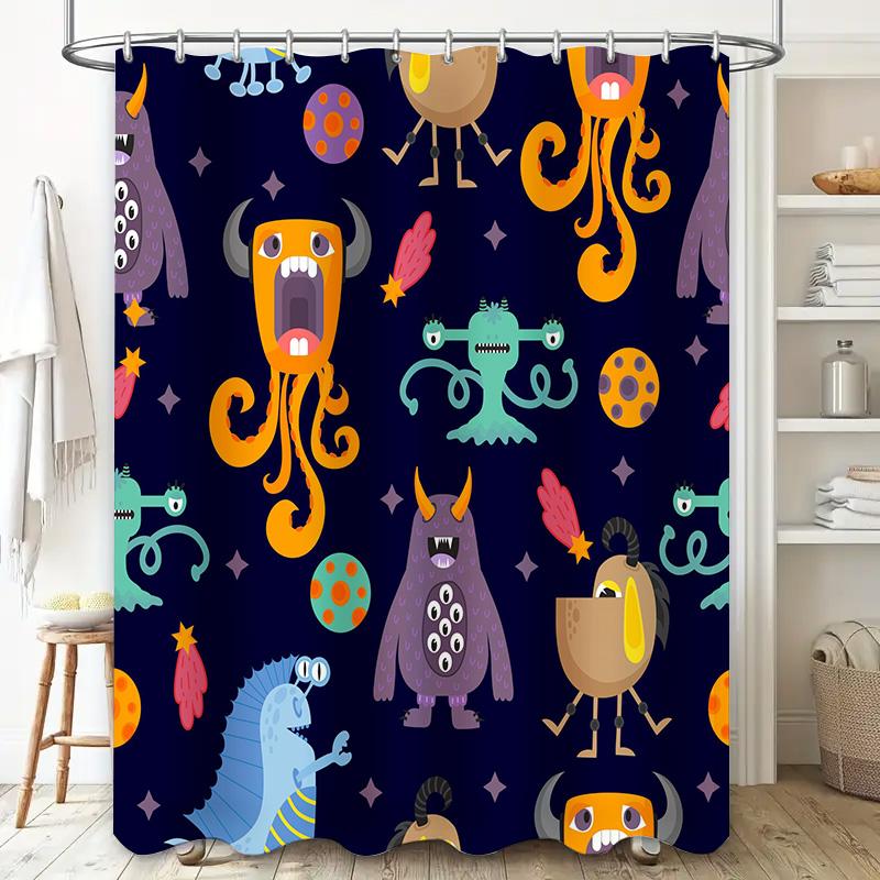 Multicolored Cartoon Monsters Shower Curtain Waterproof Fabric for Bathroom Decor Space Theme Print Kids Love Size72x84 inches