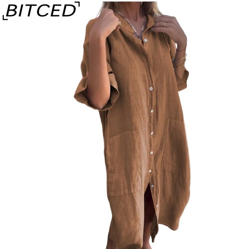 BITCED Women's Fashion Summer Spring Solid Color Print POLO Neck High Waist Casual Dresses