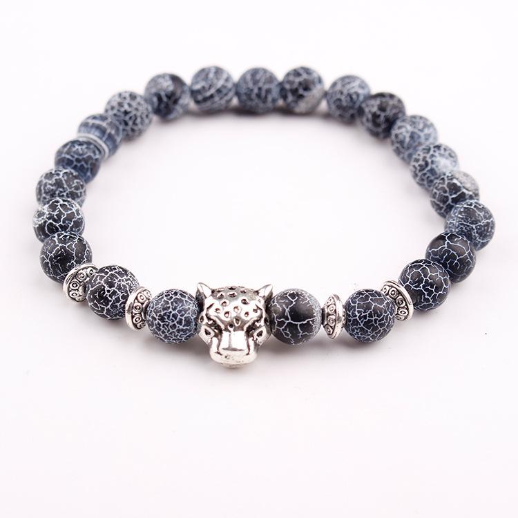 Leopard Head Agate & Lapis Lazuli Lion Bracelet with Volcanic Rock Beads