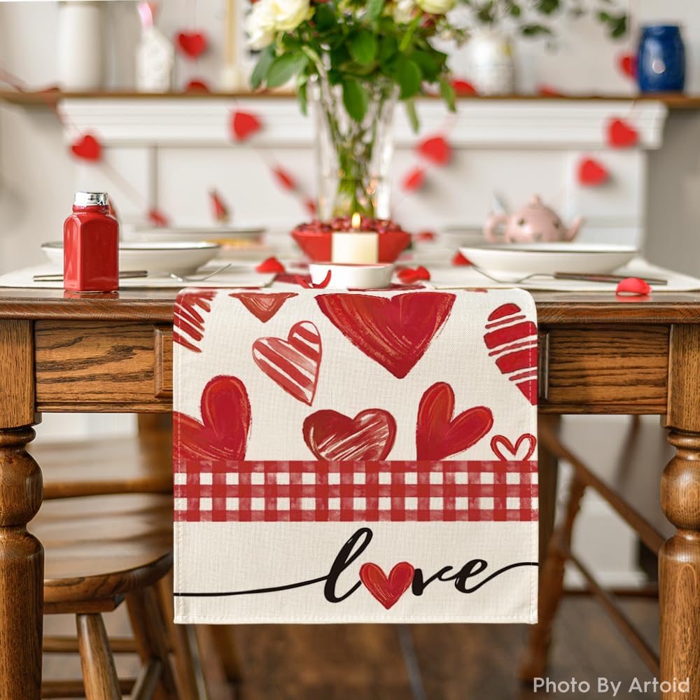 Artoid Mode Red Buffalo Plaid Love Heart Valentine's Table Runner, Anniversary Kitchen Dining Table Decoration for Home Party Decor 13x72 Inch