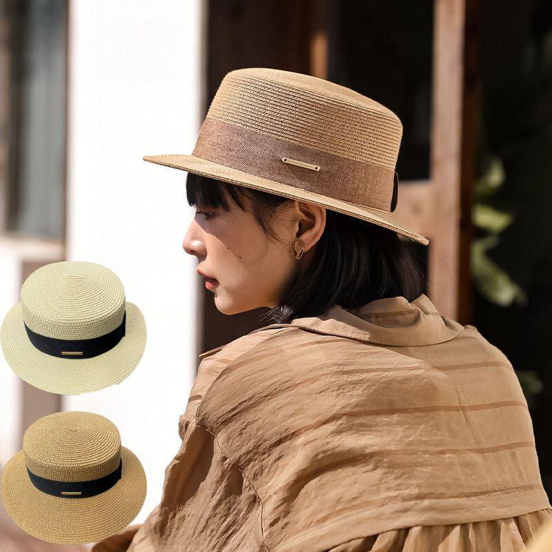 Women Summer Straw Hat French Elegant Flat Top Wide Brim Sun Hat Travel Beach Female Panama Sunscreen Cap