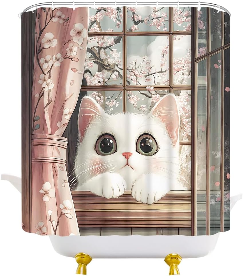 Japanese Cute Cat Shower Curtain Cherry Blossom Anime Asian Style Funny Animal Floral Fabric Bathroom Decor Curtain With Hooks