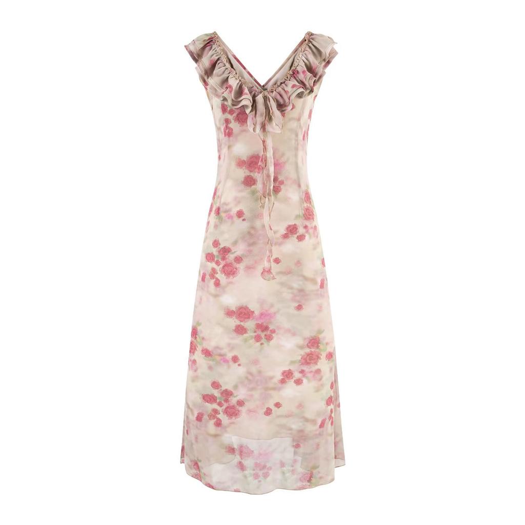 Summer Design Smudge Floral Thin Dress Female French Retro Royal Sister Style Temperament Waist Long Dress