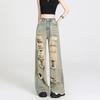 Damen High Waist Ripped Wide Leg Jeans Lässige Denim Hose Baggy Hose Bottom