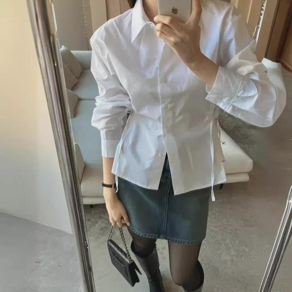 Spring 2024 Korean Loose-Fit Strap Long-Sleeve Shirt for Women - Trendy and Versatile