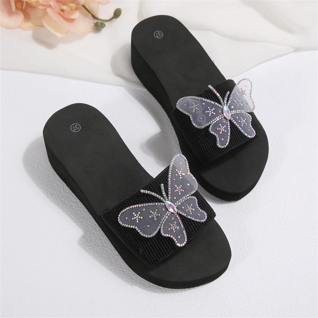 Women's Fashion Plus Size Platform Slide Sandals with Rhinestone Butterfly Decoration Thick Sole Comfortable Casual Footwear