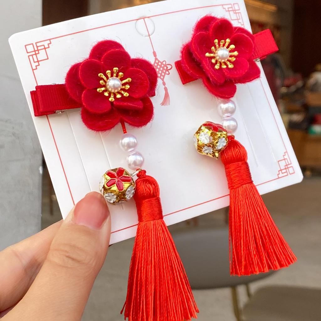 New Year Red Hair Accessories for Girls - Festive Tassel Clips, Chinese Hanfu Style