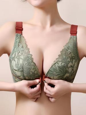 Bügelloser BH mit kontrastierender Spitze, bequemer und atmungsaktiver Push-Up-BH mit Schnalle vorne, Dessous und Unterwäsche für Damen