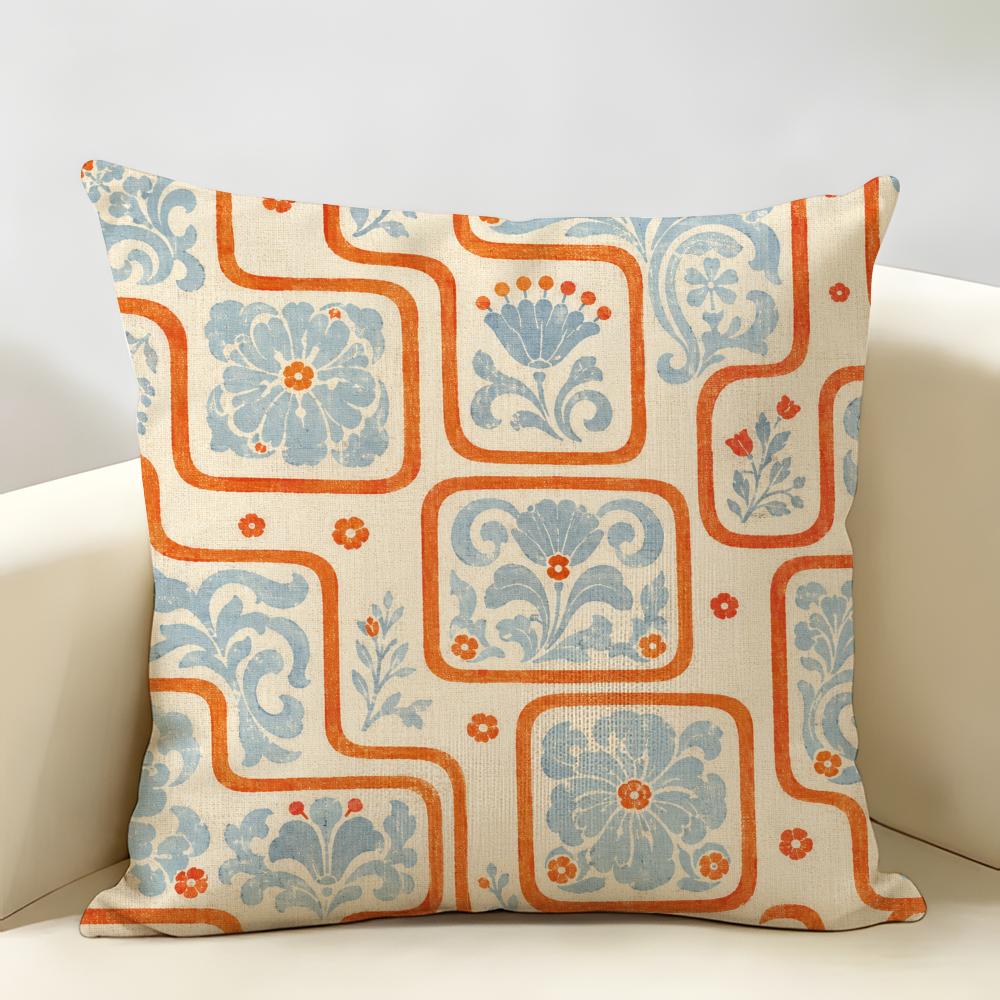 Medieval Revival Tile Cushion Cover Durable Hypoallergenic Organic Linen Short Pillow Cover Washable