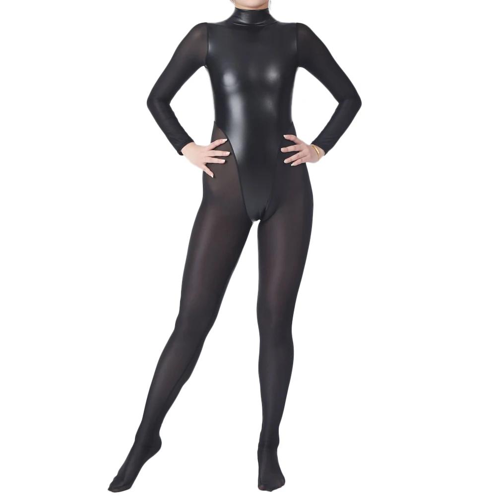 Sexy Women Pu Mesh High Cut Bodysuit Oil Glossy Shiny Elastic Yoga Shaping Tights Sheer See Through Maid Leotard Stage Wear