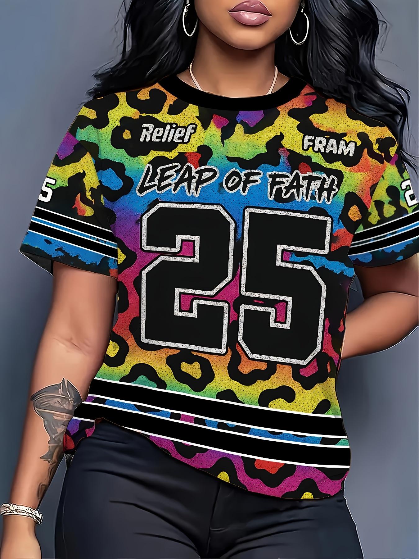 

Women S ;LEAP OF FAITH 63.5cm Colorful Leopard Print Letter And Number Print Short Sleeve T-Shirt Fashionable Summer Women S And Leisure Gathering Rou S дубильная кора