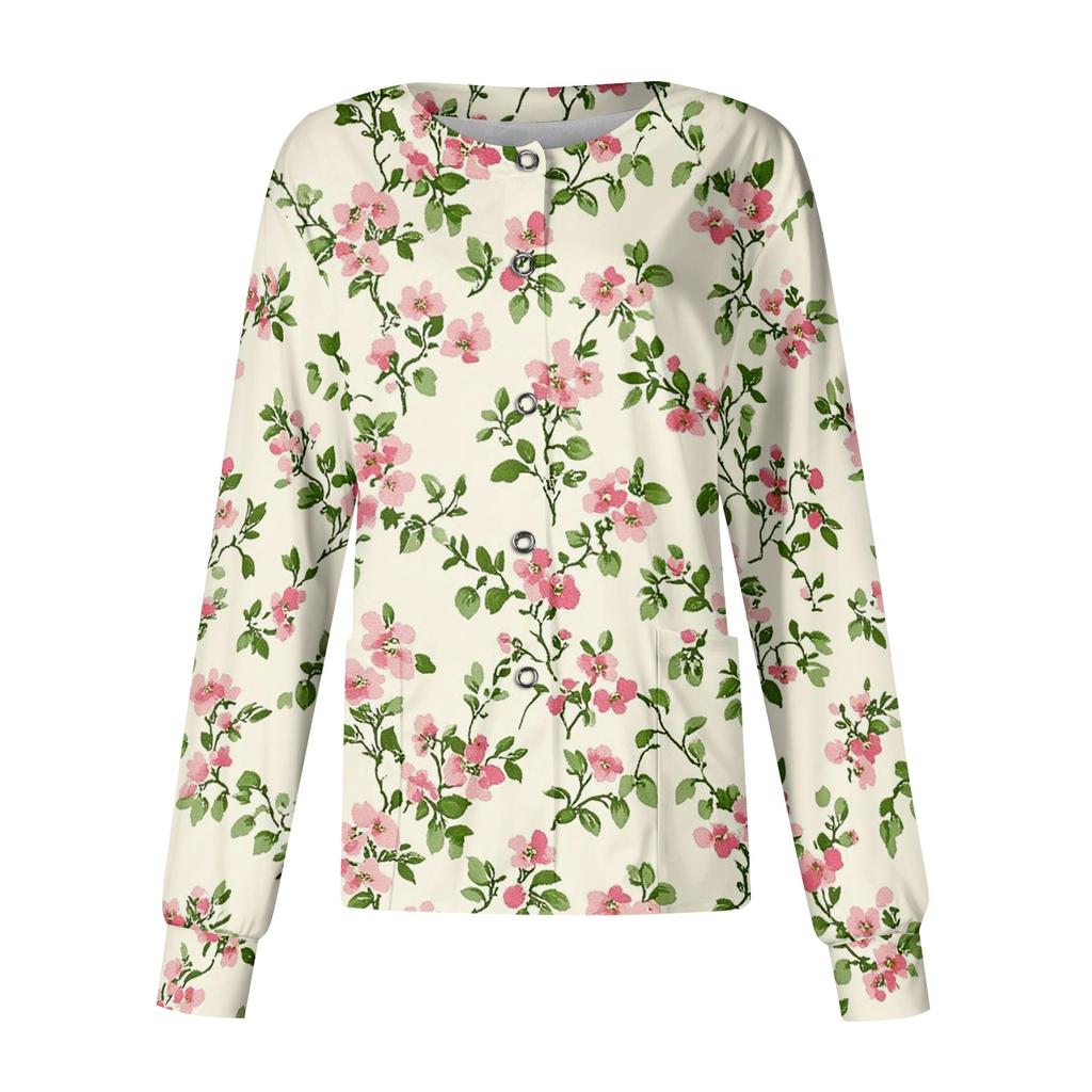 Women's Casual Long Sleeve Single Breasted Floral Print Medical Scrub Cardigan Top Comfortable Fit Lightweight Fabric Suitable for Work