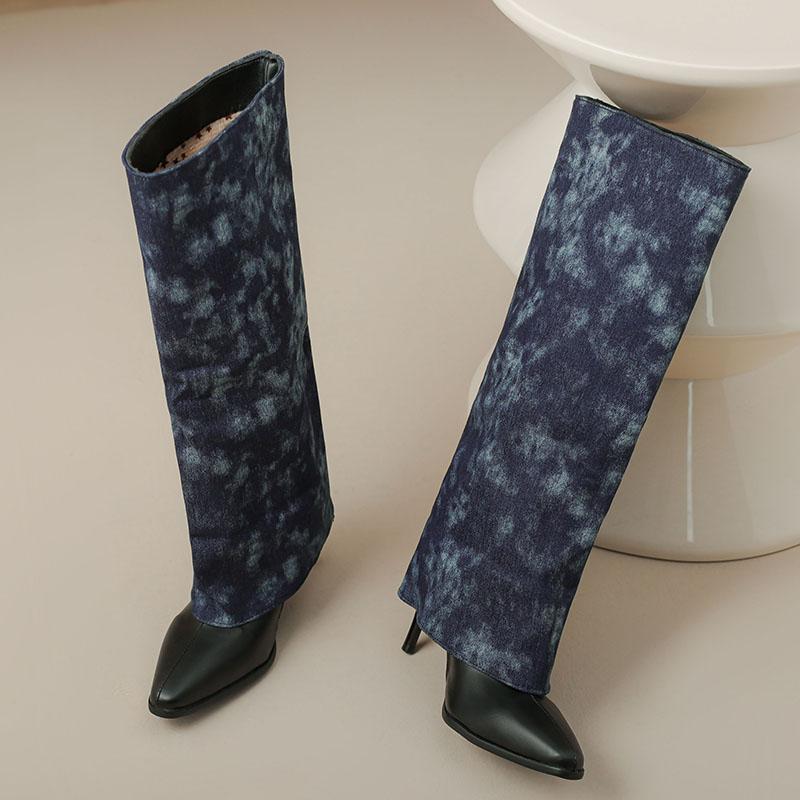 Women's High-heeled Medium Boots Autumn and Winter New European and American Style Pointed-toed Thin-heeled Large-size Cowboy Pipe Boots