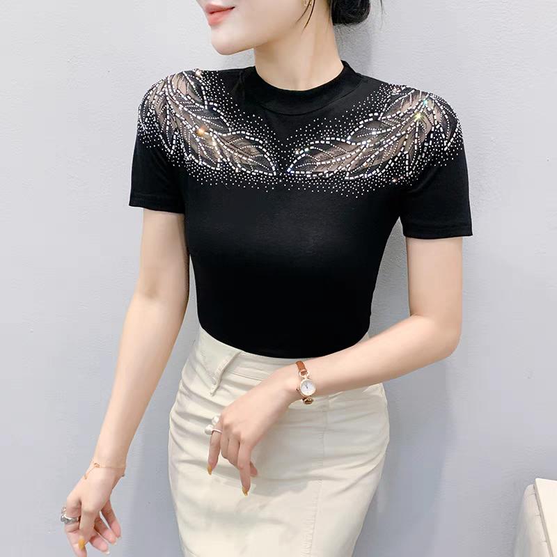 Summer New European Clothes Women's T-Shirt Luxury Hot Diamonds Tops Shirts Fashion Short Sleeve Slim Cotton Tees