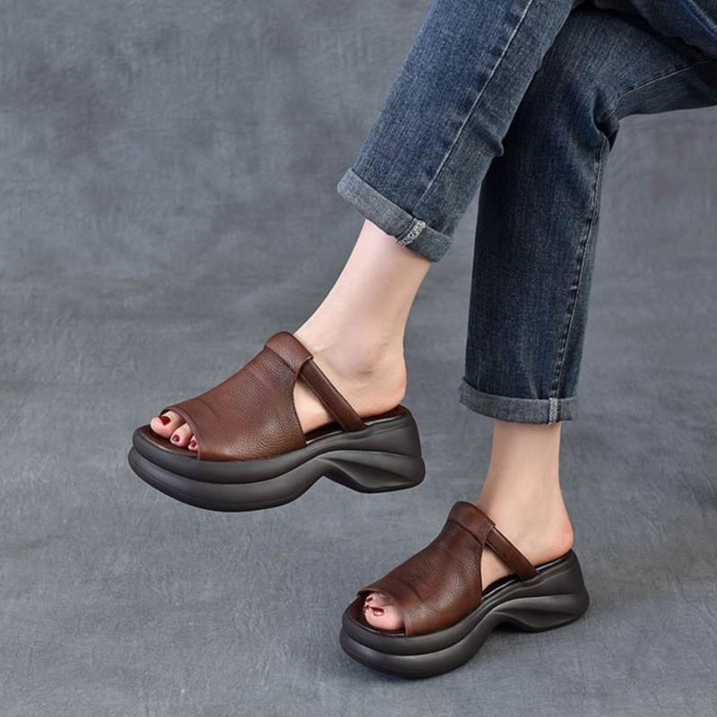 Johnature Genuine Leather Retro Thick Soled Peep Toe Outdoor Slippers Versatile Women's Slip-on Shoes