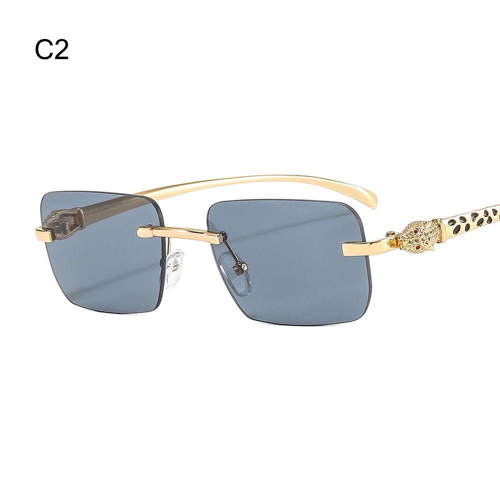 Rimless Leopard Head Decorated Sunglasses Gradient UV Protection Rectangular Sun Glasses Transparent Lens Shades for Women