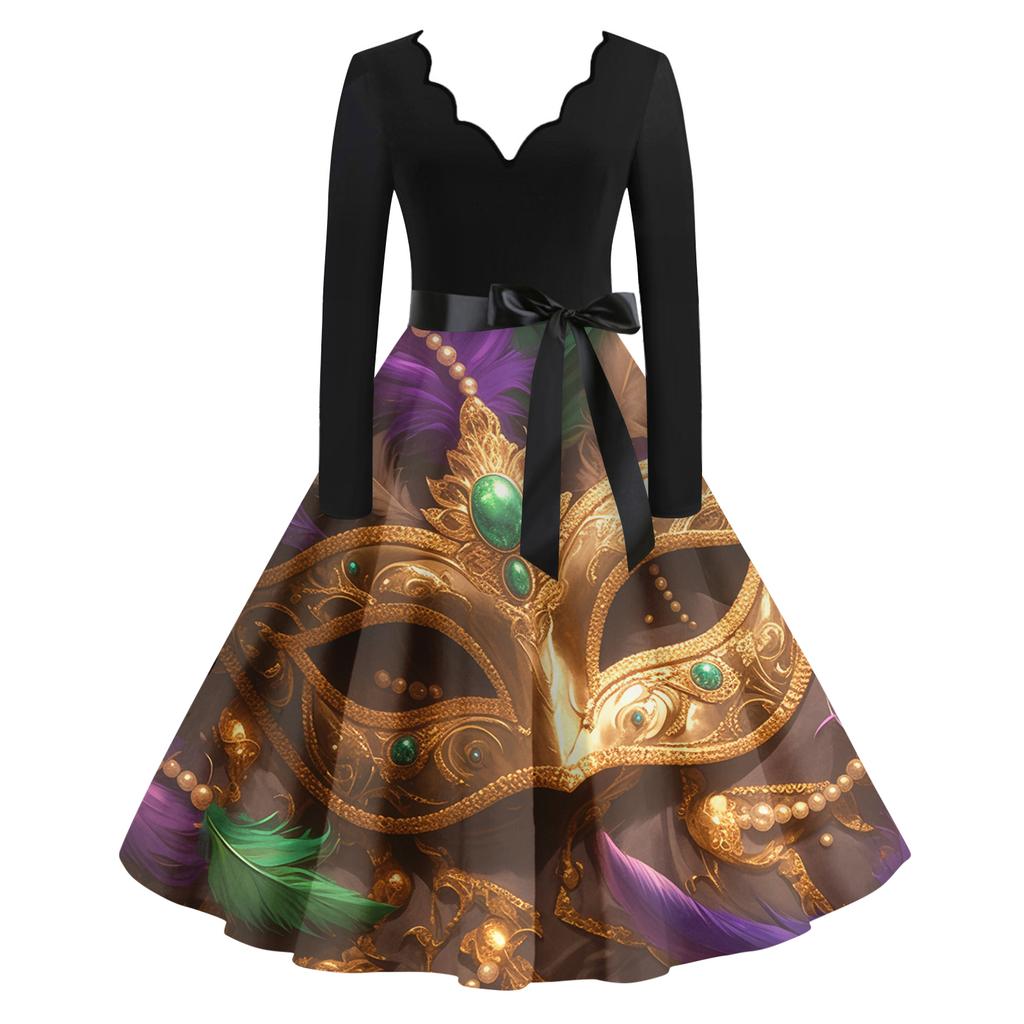 Women's Casual Fashion V Neck Long Sleeve Printed Vintage Long Dress