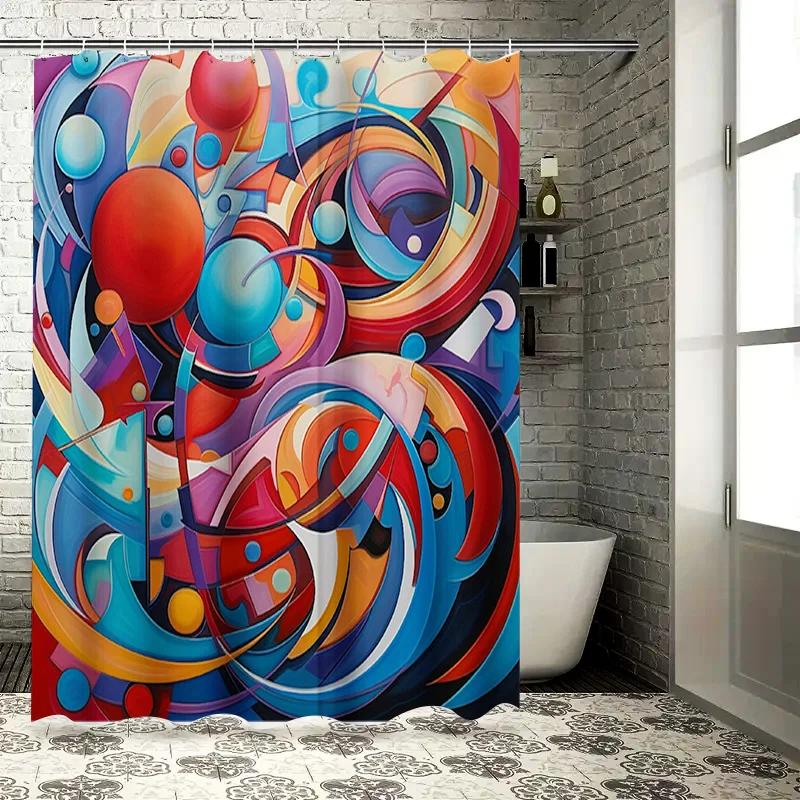 Colorful Geometric Shower Curtain for Bathroom Decor Modern Blue Red Yellow Black White 3D Printed Waterproof Fabric