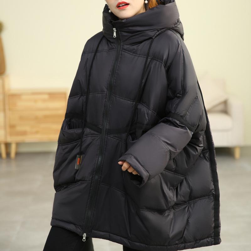 Women's Mid-Length Hooded Patchwork Pendant Down Jacket - Plus Size, Loose Fit, White Duck Down, Autumn/Winter Style