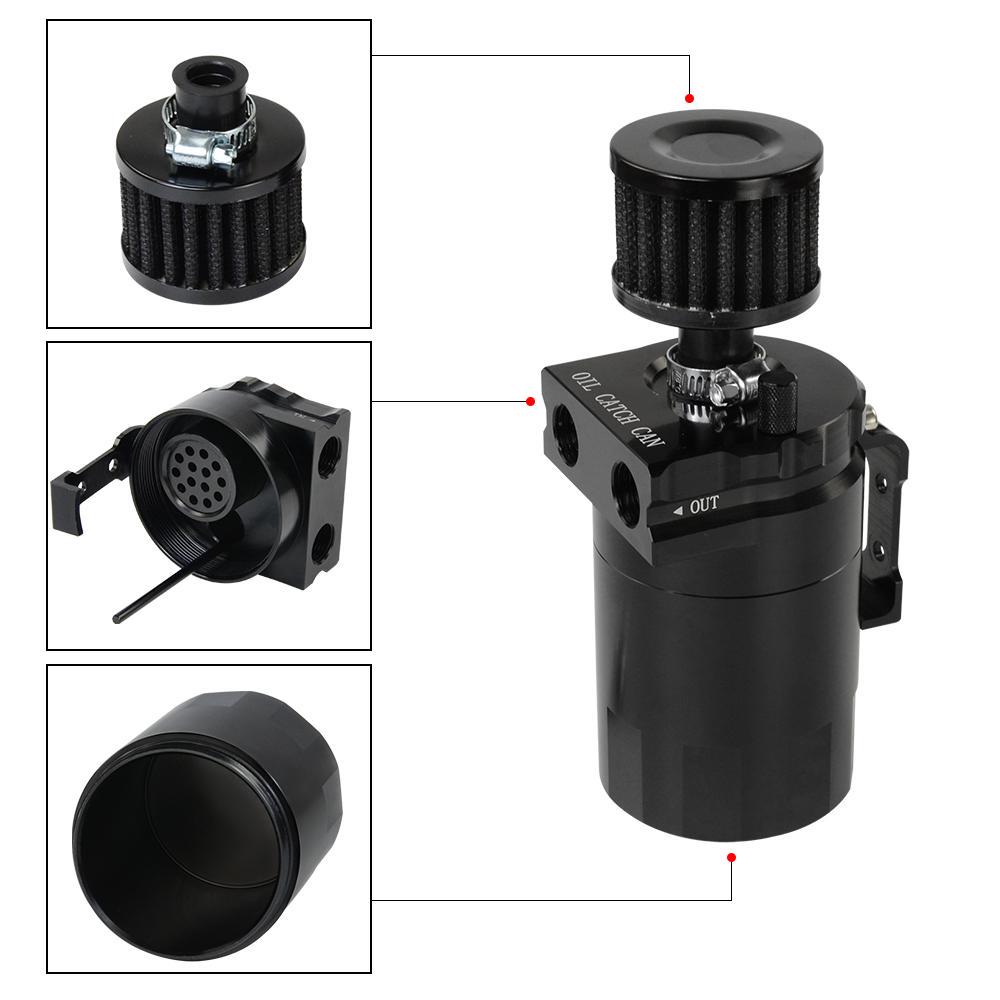 Universal Black Baffled Aluminum Oil Catch Tank Can Reservoir Tank with 11mm/15mm Fittings and Oil Dipstick