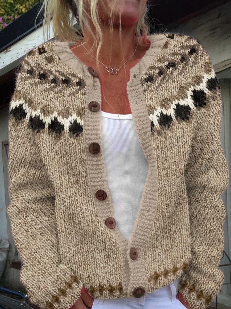 Women's Pink V-Neck Knit Cardigan with Jacquard Floral Pattern