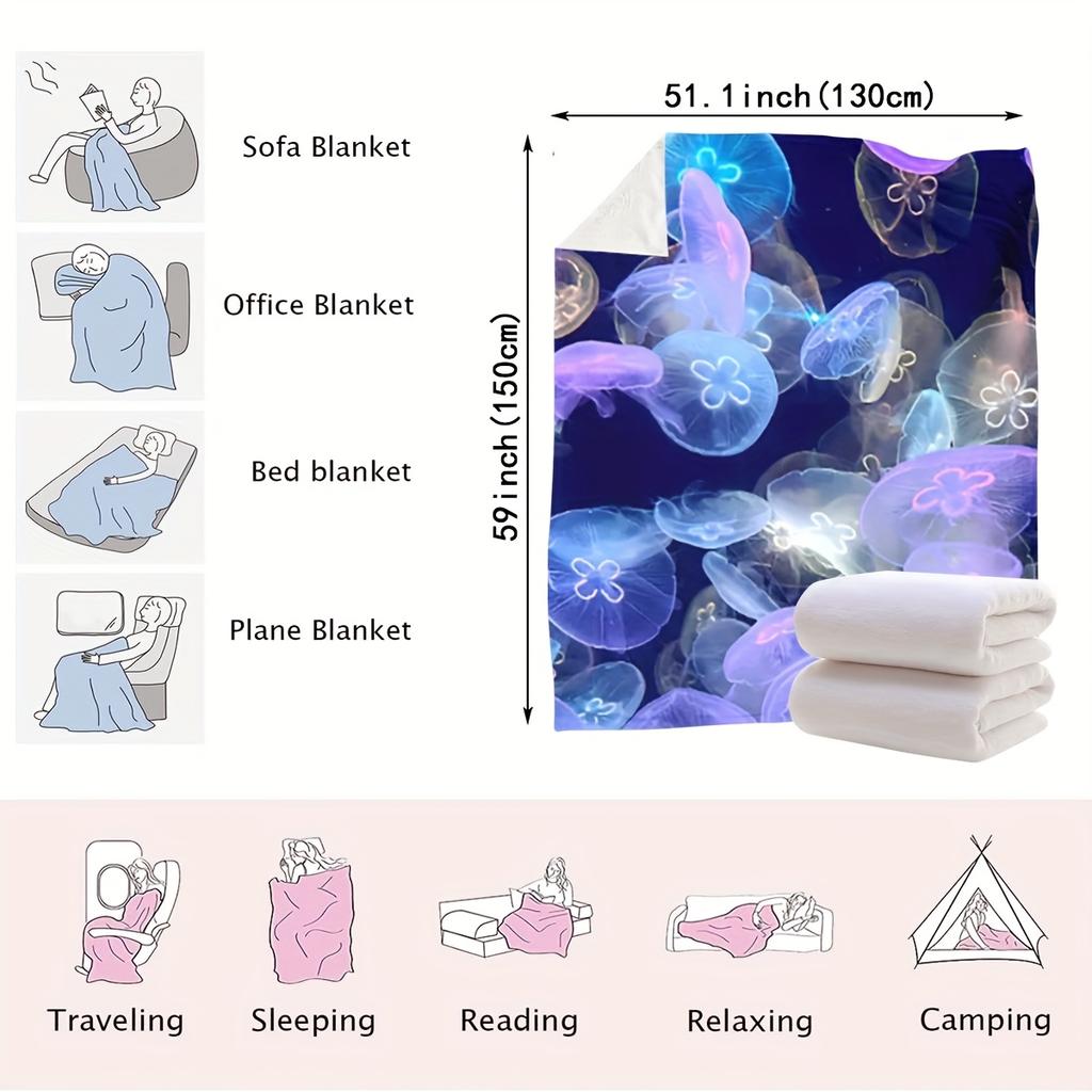 1pc Vibrant Jellyfish Pattern Flannel Throw Blanket – Soft, Cozy, and Stylish Digital Printed Design in Blue, Purple, Pink, and