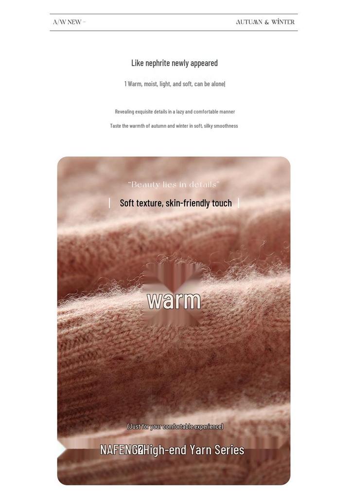 Cashmere Women's Round Neck Cable Knit Sweater - 2025 Autumn/Winter Retro Loose Slimming Pullover.