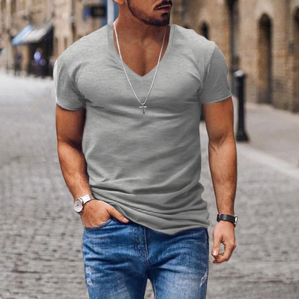 Men's Short Sleeve V-neck T-shirt Solid Color Casual T-shirt Short Sleeve