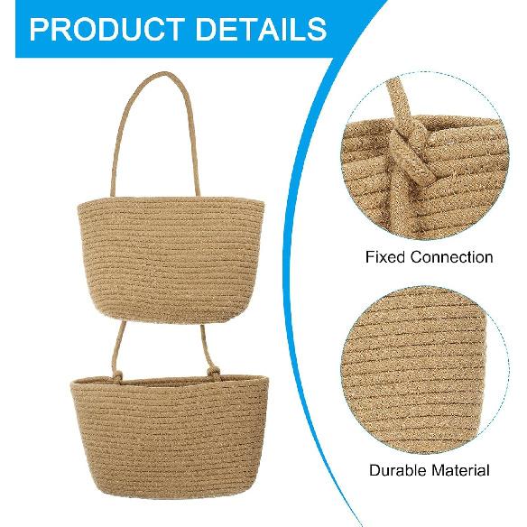 PATIKIL Hanging Basket Over The Door, 2-Tier Hanging Woven Cotton Rope Wall Mounted Storage Baskets Organizer Decorative for Books Flowers Closet