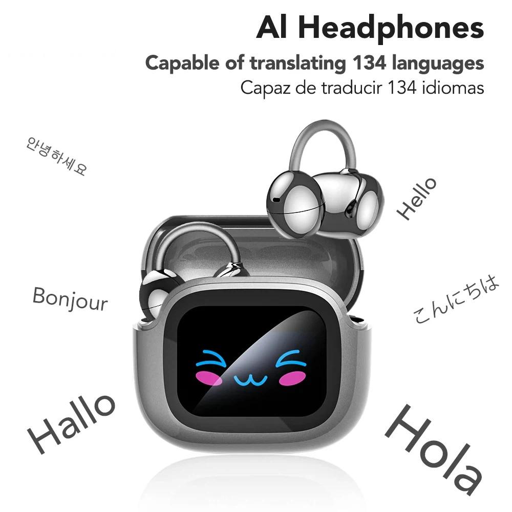 Bluetooth V6.0 Wireless OWS Clip Headphones AI Translator LCD Touch Screen Earphone Mic Noise Reduction Headsets Translation Earbuds for Android iOS  