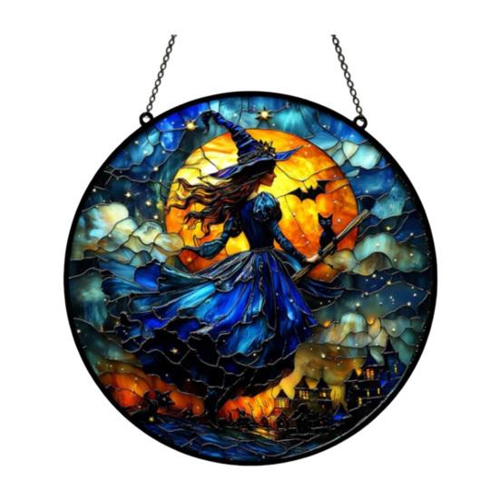 10/15/25CM Halloween Heks Solfanger Hengende Dekorasjon Svart Katt Flaggermus Måne Heks Farget Glass Akryl Vegg Vindu Hengende Skilt Ornament