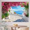 Summer Greek Island Backdrop Cobblestone Path Bougainvillea Blue Sea Photography Background