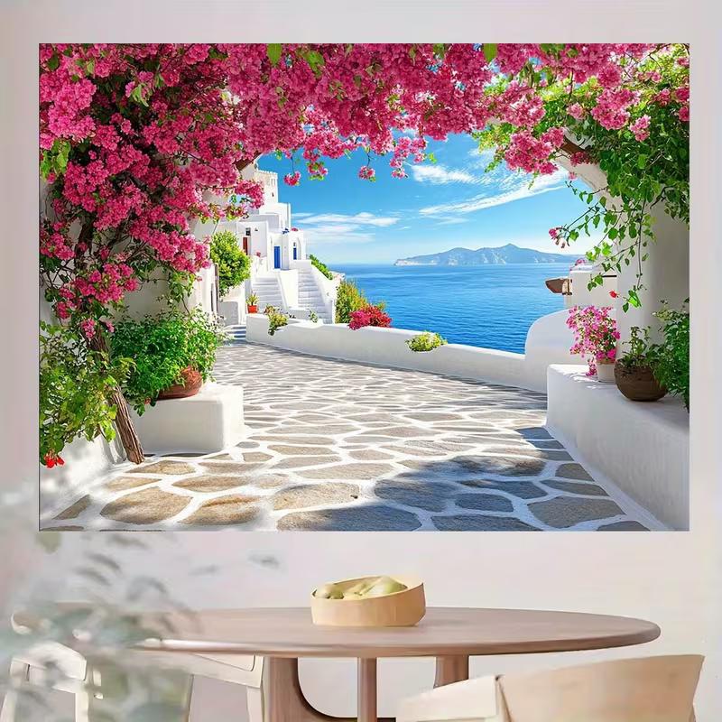 Summer Greek Island Backdrop Cobblestone Path Bougainvillea Blue Sea Photography Background