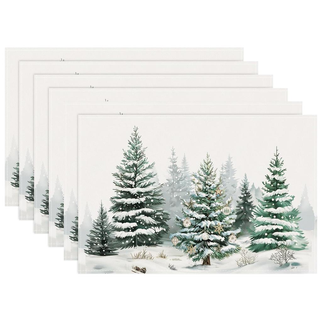 4/6pcs, Winter Wonderland Table Mats, Happy Holidays Pine Trees And Snowflakes Christmas Kitchen Dining Table Mats for Indoor An
