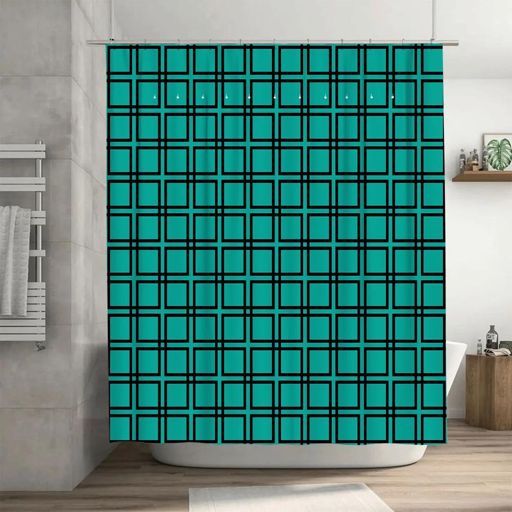 Green Checkered Shower Curtain Waterproof Home Decor Bath Mat for Bathroom Decoration Blue Green Large Grids Pattern (180x240cm)
