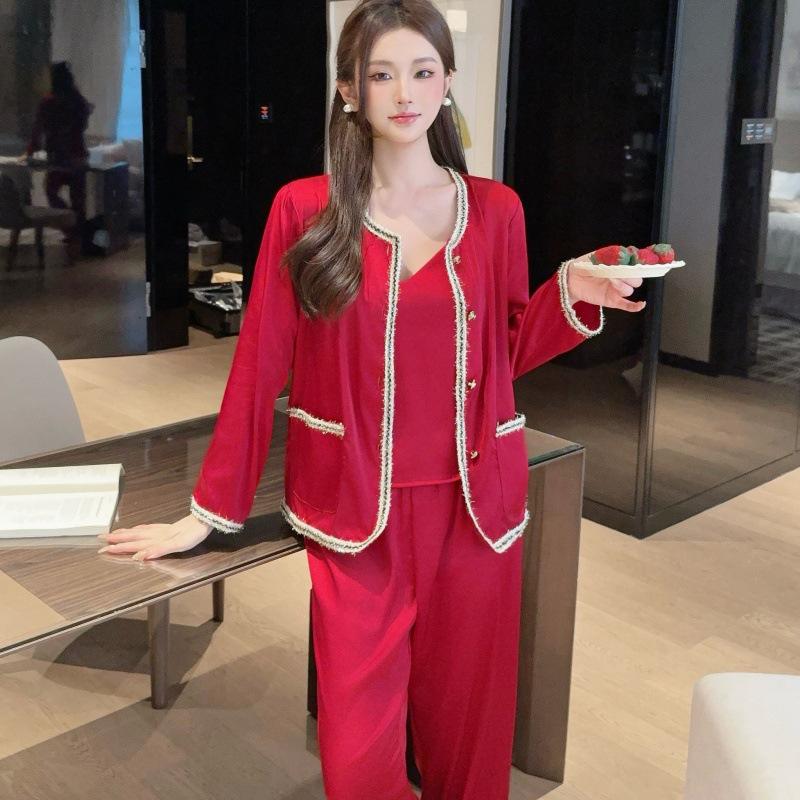 Bahar-Yaz İçin Askılı Üst, Uzun Kollu ve Pantolonlu Kore Tarzı Buz İpeği Kadın Üç Parçalı Pijama Takımı