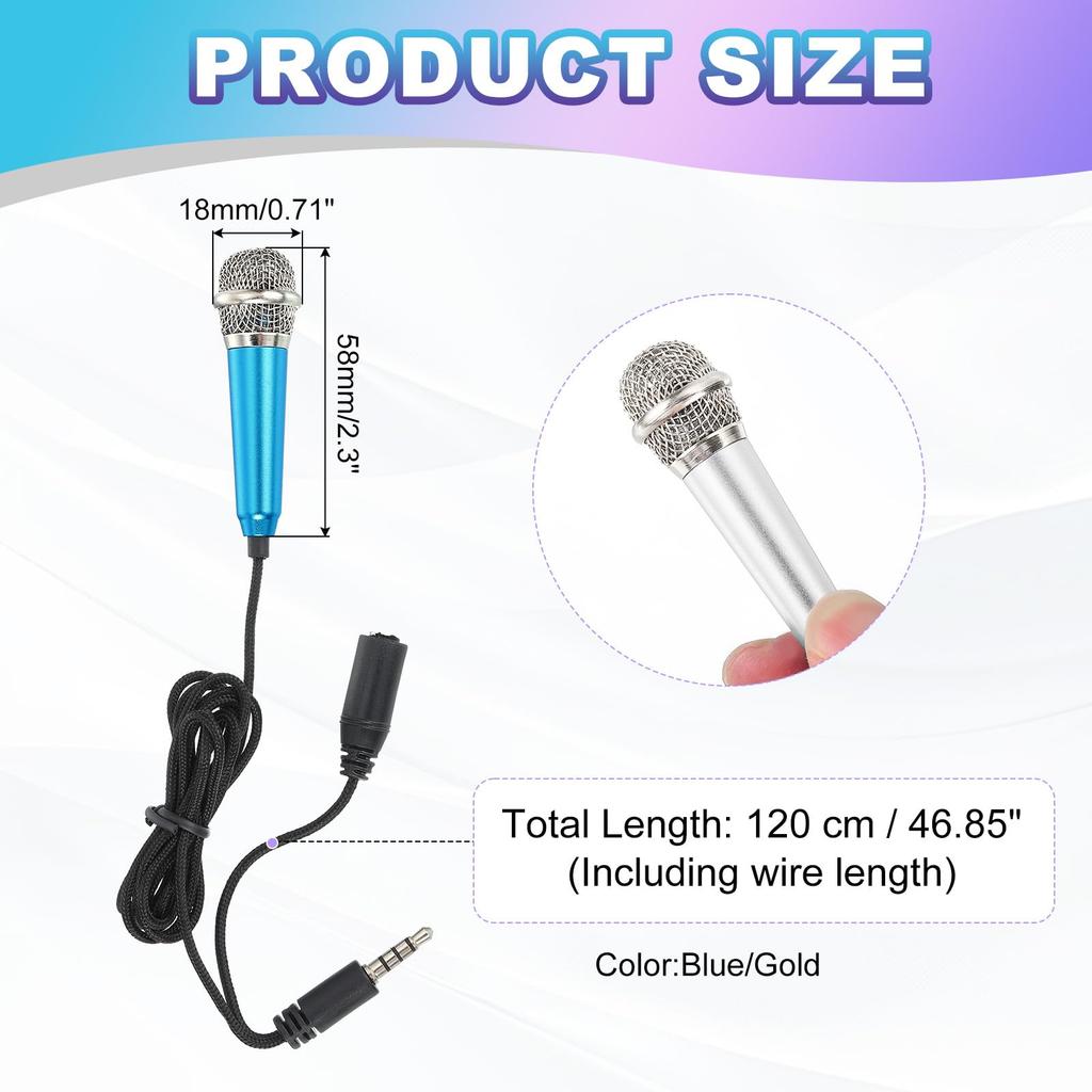 Uxcell Mini Microphone with Sponge Cover and Drawstring Portable for Voice Video and Singing 2-Piece Holder, Bag, Karaoke, Recording, (Blue/Gold)