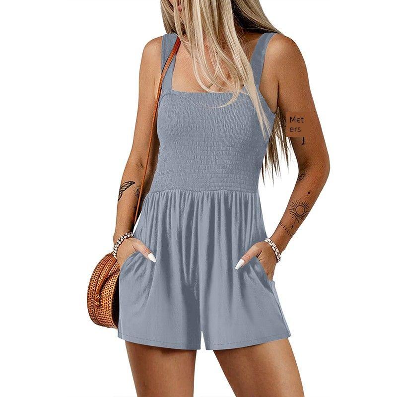 

European and American Leisure Versatile Solid Short Jumpsuit Women 2025 Summer New Simple Commuter Sleeveless Jumpsuit Women Blue P804 XXL fit (75.00 kg-80.00 kg
