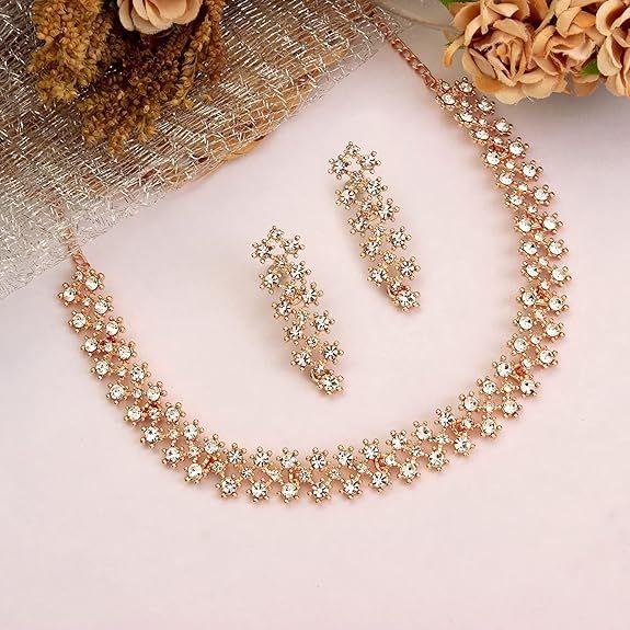 White Stones/AD Diamond Necklace with Earrings - Jewellery Set for Women, Girls Best Suits for Party, Wedding and Festive Occasions