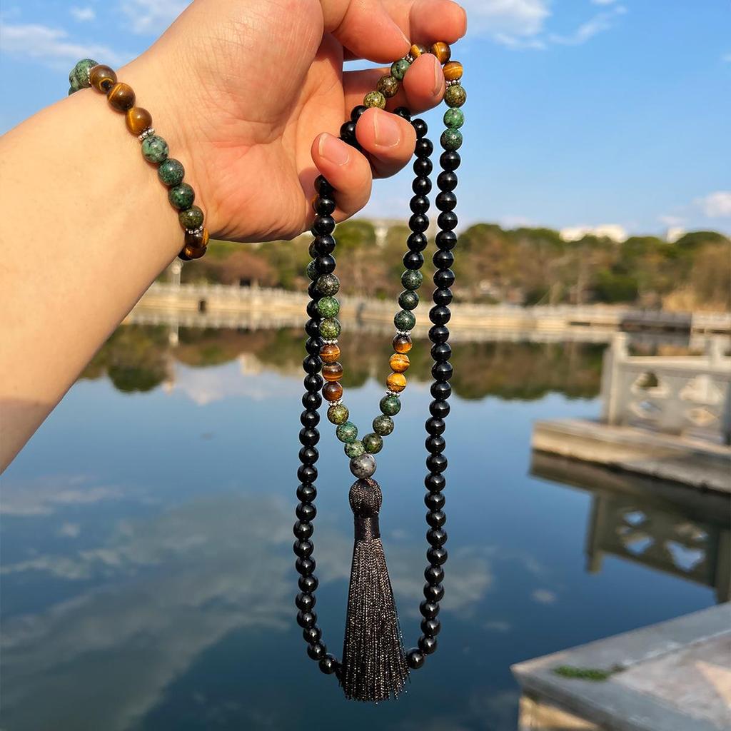 Women's Retro Black Natural Stone Beaded Necklace & Tiger Eye Bracelet Tassel Jewelry Set