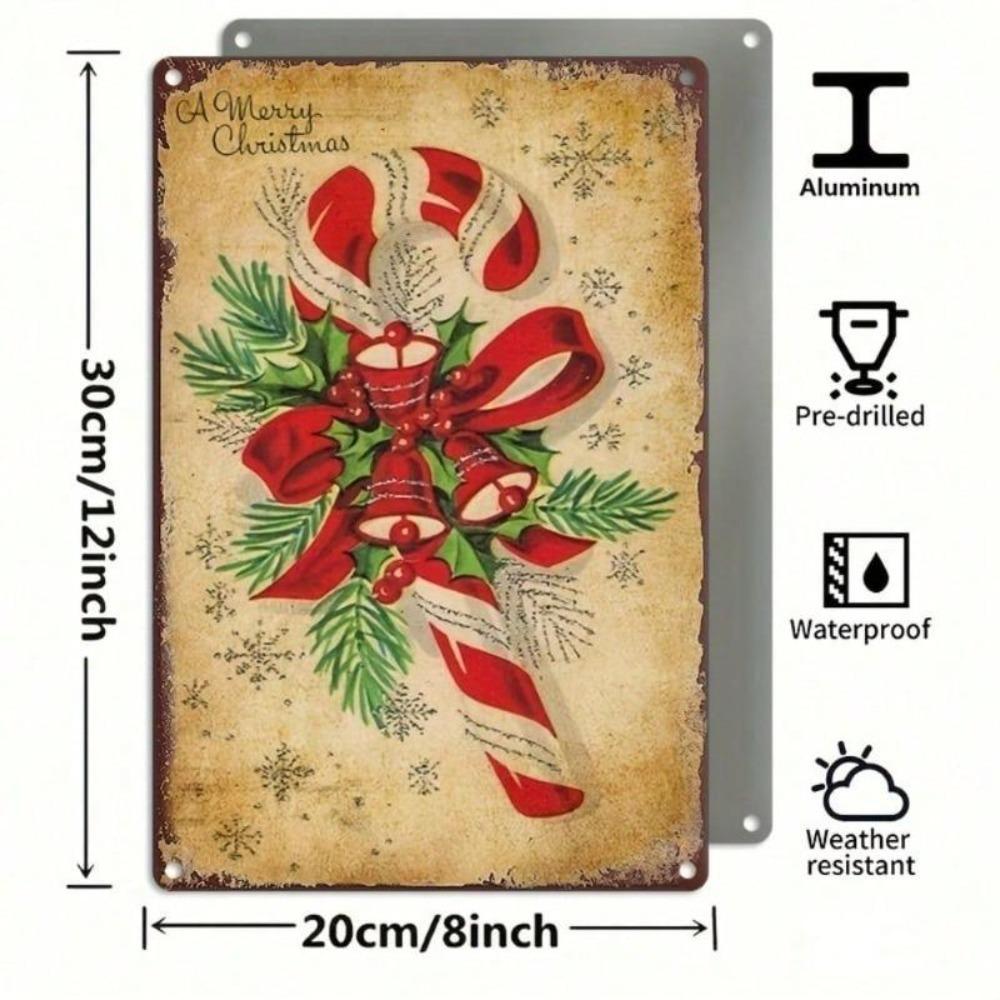 Vintage Christmas Iron Sign 12x8 Inch Candy Cane Holly Wall Decor Pre Drilled Hanging Weatherproof