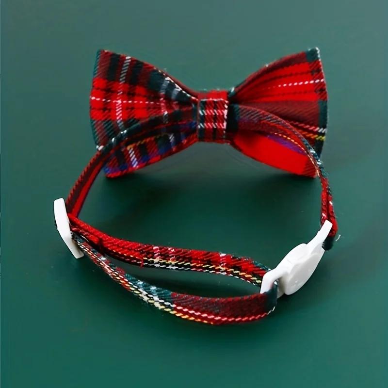 

1pc-Pet Cat Collar Bow Cute Checkered Christmas Red Elastic Adjustable Dog Collar