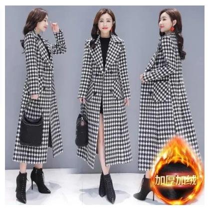 Compound, New Plaid Thickened Coat Women's Long Slim Temperament Fashion Thousand Bird Plaid Woolen Coat Tide
