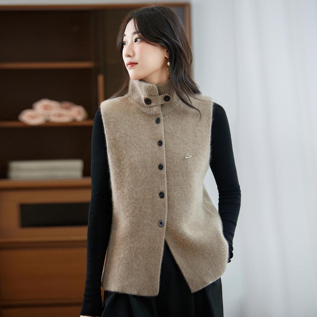 Women's 100% Cashmere Button-Up Vest, Thickened High-Neck Cardigan Sweater, Ideal for Layering As Outerwear Wool Knitwear